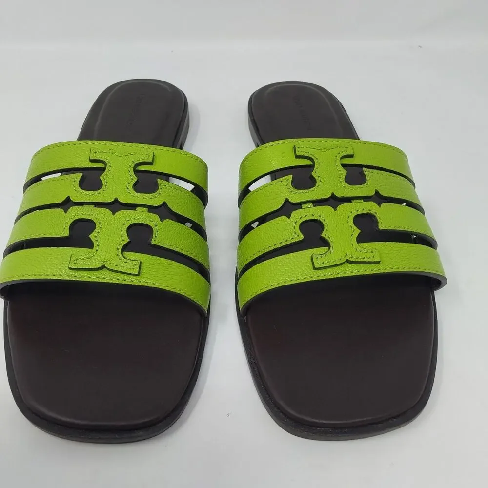 Tory Burch Ines Cage Slide Sandals Light Chartreuse Cocoa Leather US 8